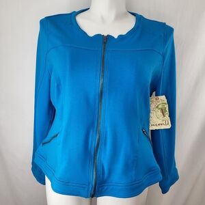 One World Blue Zip JACKET Womens Size 1X Stretch Knit Long Sleeve Pockets NWT